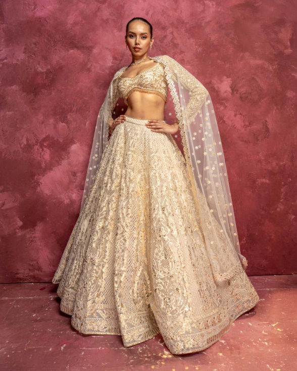 Fleurine Faded Pink-based, Golden Chrome Applique Lehenga Set