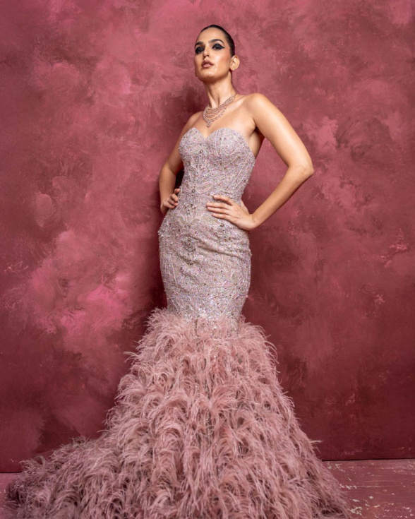 Lizette Rose Pink Off-Shoulder Mermaid Gown with Embellishments