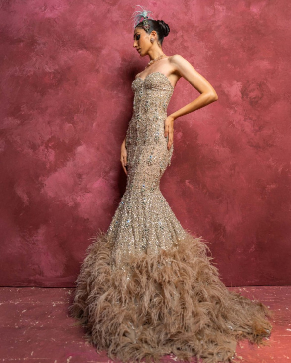 Yolanthe Beige Off-Shoulder Mermaid Gown with Crystal Embroidery