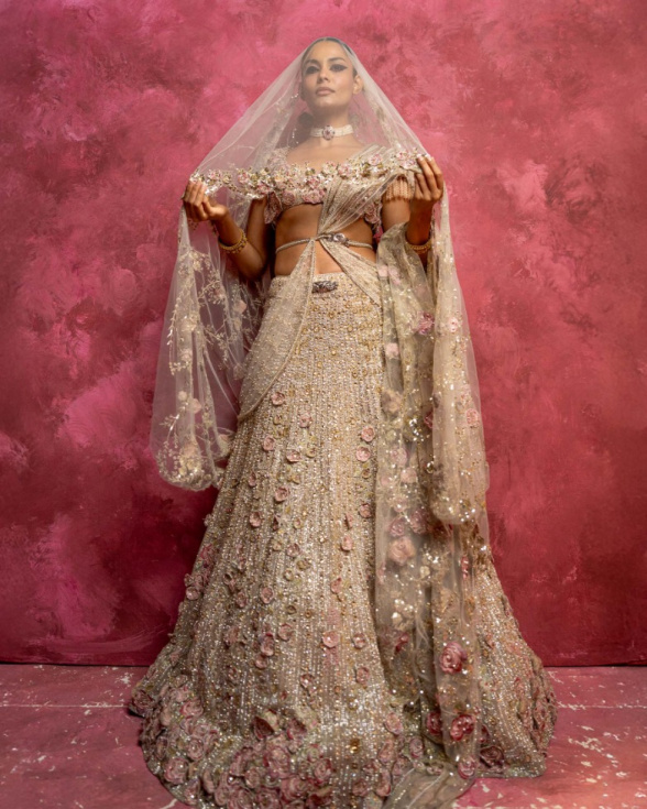 Riene Light Beige-based, Golden Lehenga Set With Rose Pink Applique Flowers