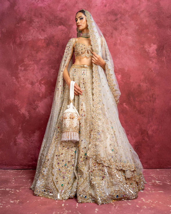 Victoire Light Beige-based, Golden Lehenga Set With Gold Embroidery