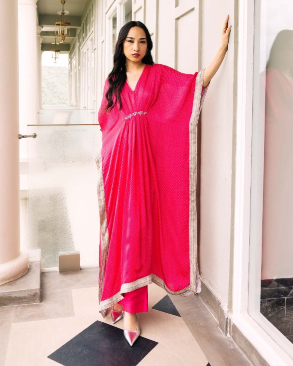 Deep Pink Dupion Silk Kaftan Kurta Set with Crystal Embellishments and Brocade Border