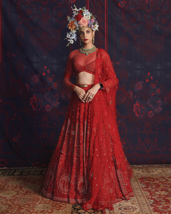 Arlette Red Lehenga Set With A Sheer Neckline Blouse