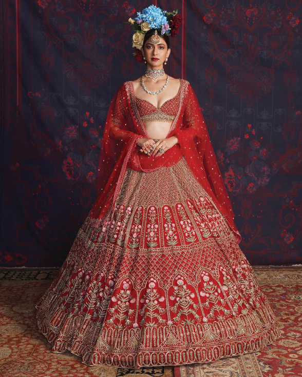 Nathalie Red Lehenga Set With A Deep-neck Blouse