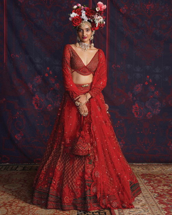Mavis Red Lehenga Set With A Fan-panel Blouse And Dupatta