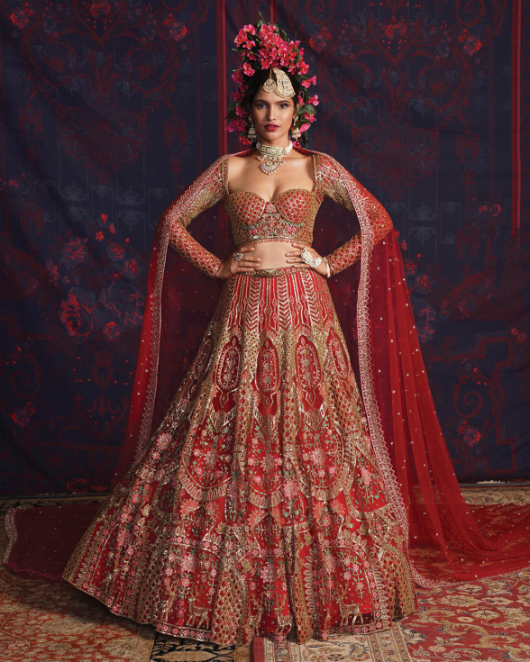 Sylvie Red Lehenga Set With A Cropped Corset Blouse And Dupatta