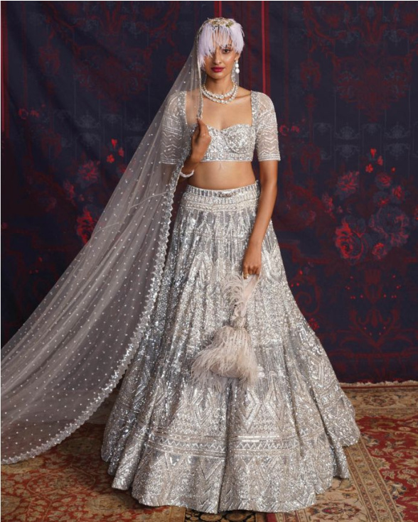 Marie Silver Lehenga Set With A Half-sleeves Blouse And Dupatta