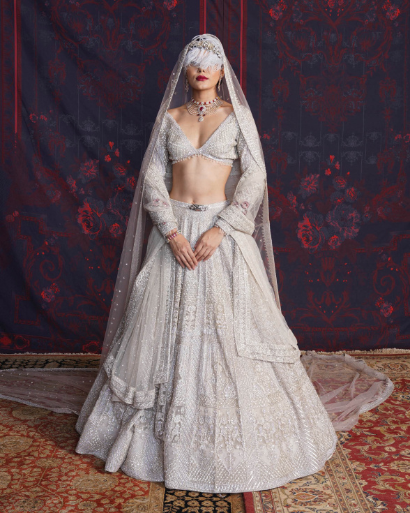 Colette Silver Lehenga Set With A Full-sleeves Blouse & Dupatta