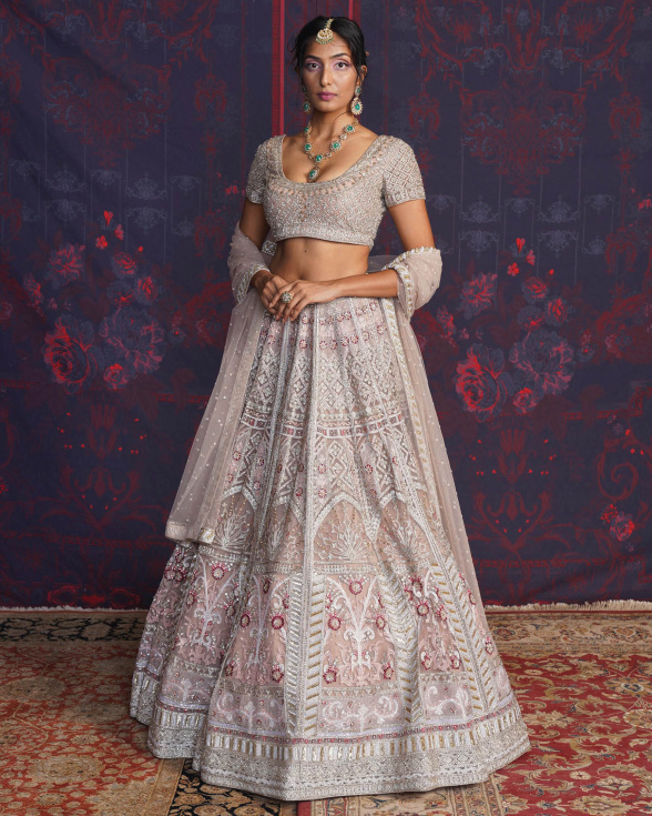 Arielle Beige-based, Ivory Lehenga Set With A Blouse And Dupatta