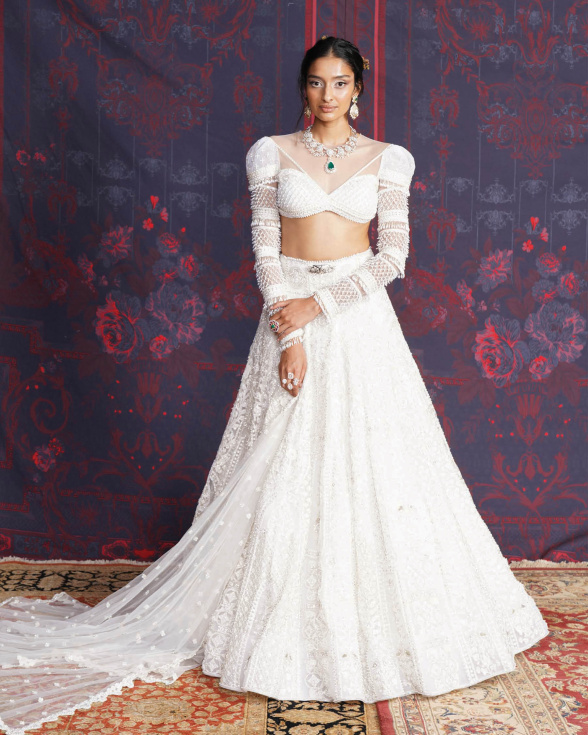 Renata Silver Lehenga Set With A Sheer-sleeves Blouse & Dupatta