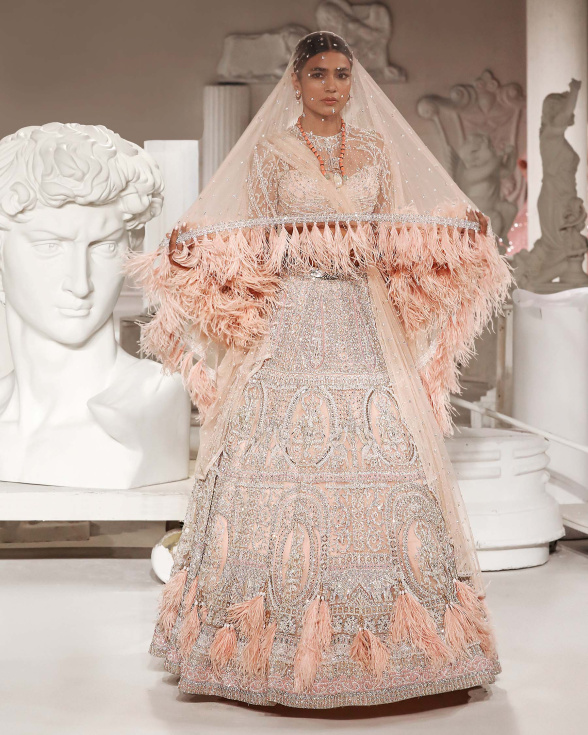 Mckinley Peach-based, Silver Lehenga Set With Intricate Architectural Motifs