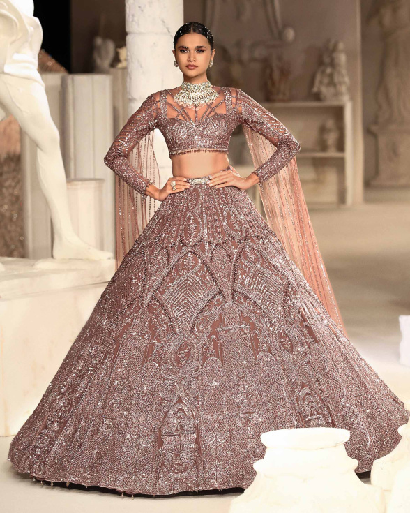 Maya Plum Pink-based, Silver Lehenga Set With Crystals And Beads