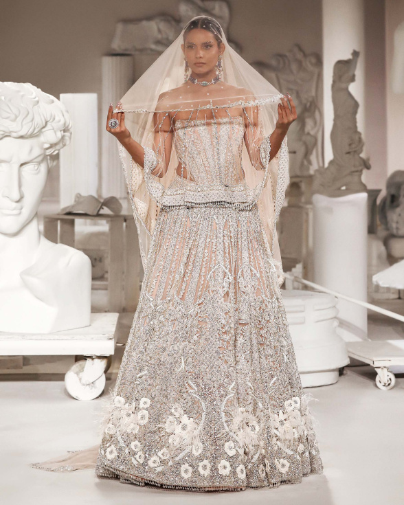Marjorie Light Beige-based, Ivory Lehenga Set With Ivory Threadwork