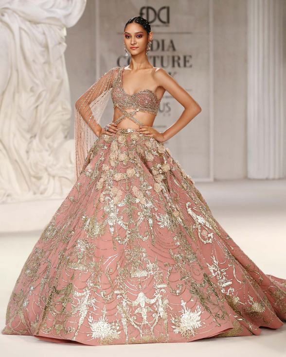 Mae Coral-hued, Light Gold Chrome Applique Lehenga Set