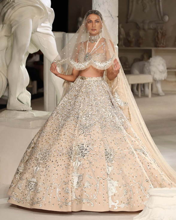 Louisa Lehenga Set Light Beige Silver Intricate Foliage Design