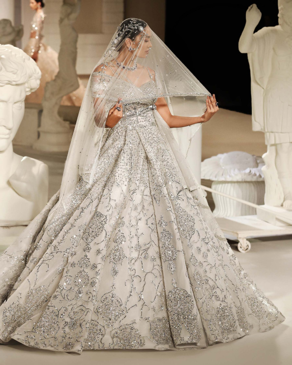 Loria Ivory Silver Gown with Foliage Motifs, Crystal Embellishments & Tulle Dupatta