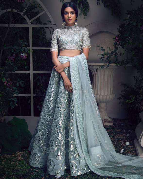 Buy Janette Lehenga Set Pale Blue Chrome Applique Lehenga - Falguni Shane Peacock