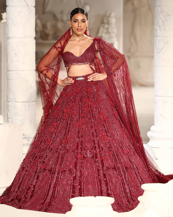 Kamilah Lehenga Set Pompeian Red Floral Architectural Motifs