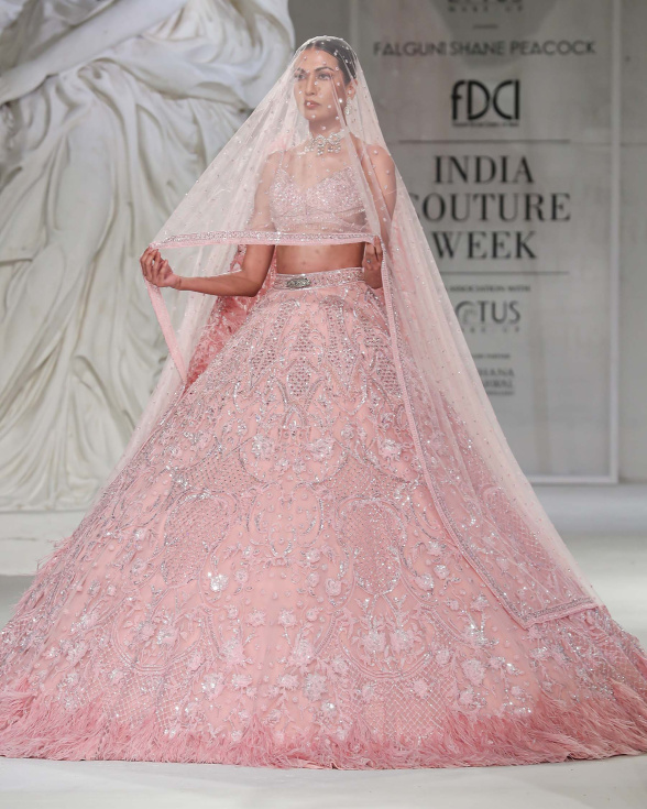 Kelly Lehenga Set Pastel Pink Foliage Motifs Feathered