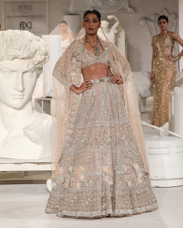 Kinsley Lehenga Set Light Peach Silver Foliage Architectural Motifs