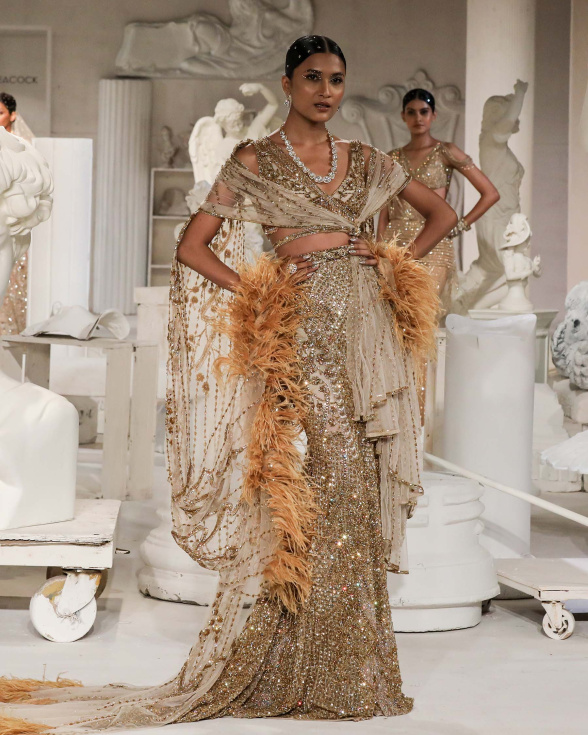 Kristina Lehenga Set Light Beige Golden Mermaid Cut
