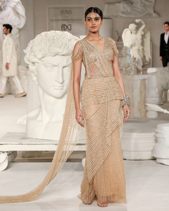 Laura Beige Light Golden Pre-Draped Saree Gown with Crystal Embellishments