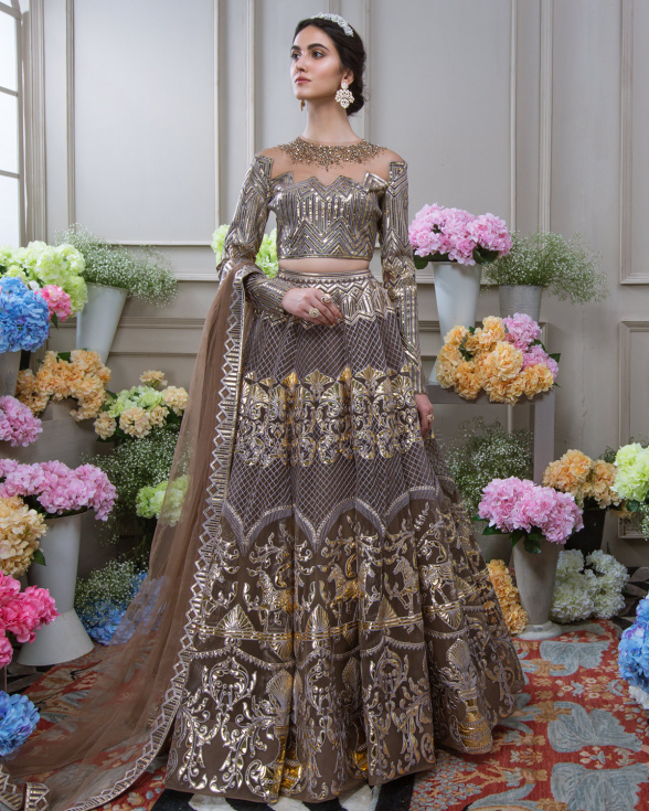 Buy Now Steeple Grey Chrome Applique Lehenga - Falguni Shane Peacock