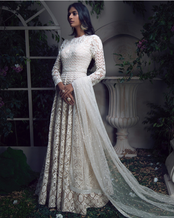 Buy Leonela White smoke embroidered Anarkali Set - Falguni Shane Peacock
