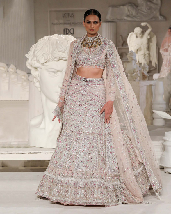 Lindsay Lehenga Set Powder Pink Silver Maroon Chevron Pattern