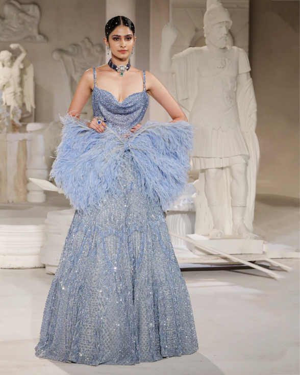 Livia Lehenga Set Sky Blue Geometric Motifs Feathered Bow Accent