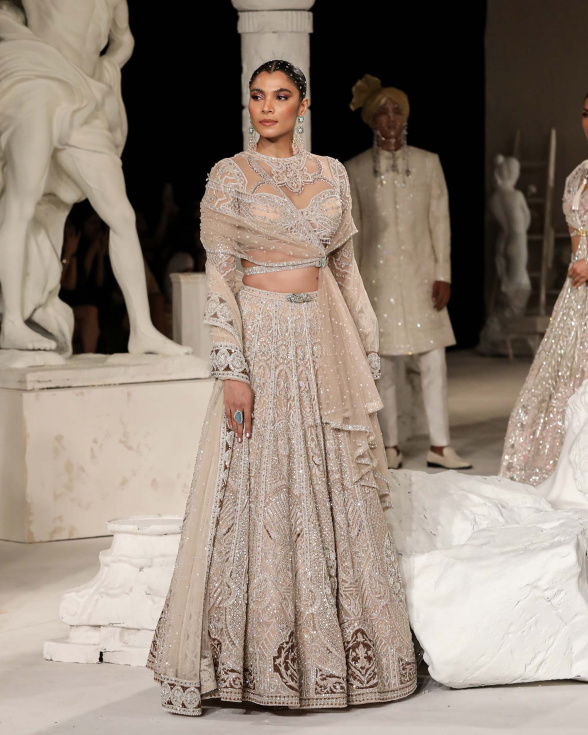 Mara Lehenga Set Beige Silver Architectural Motifs Embellished