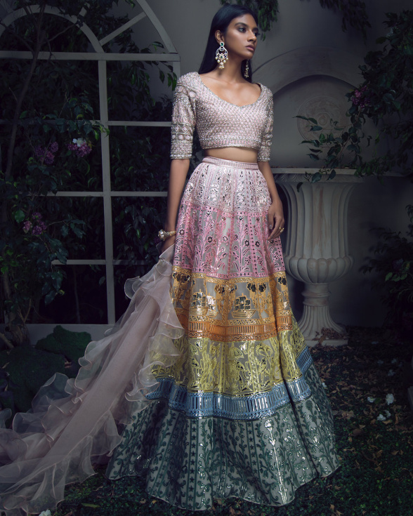 Buy Designer Multi-Hued Applique Lehenga - Falguni Shane Peacock