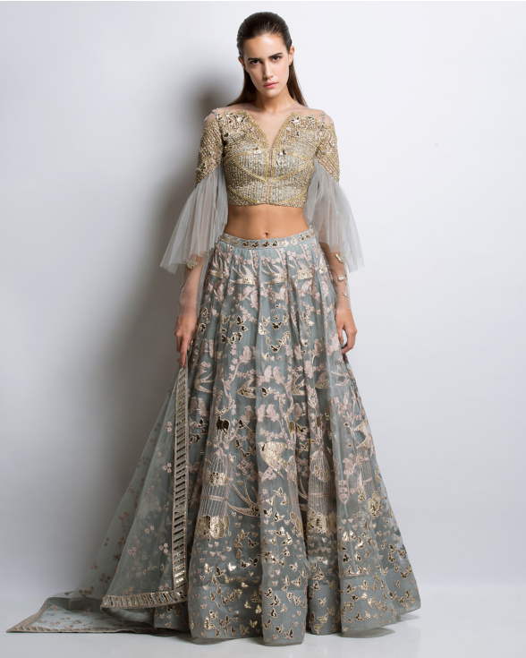 Ash Blue Organza With Light Gold Foil Skirt Lehenga - Falguni Shane Peacock