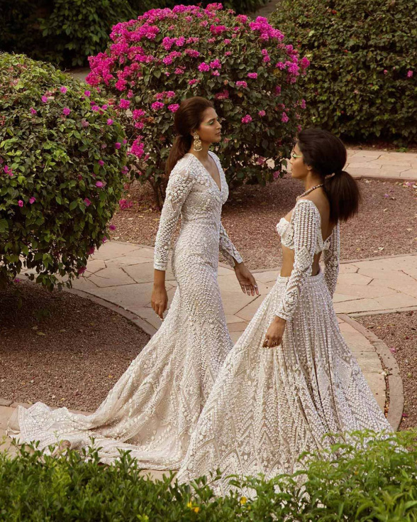 Buy Savoir Faire White Embroidered Lehenga And Gown - Falguni Shane Peacock