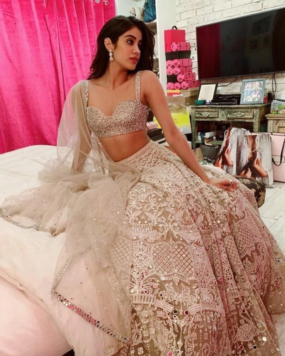 Janhvi Kapoor Beige Silver Lehenga Set