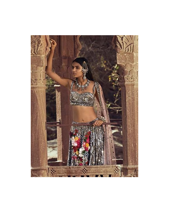 Gunmetal-hued Floral Embroidered Lehenga
