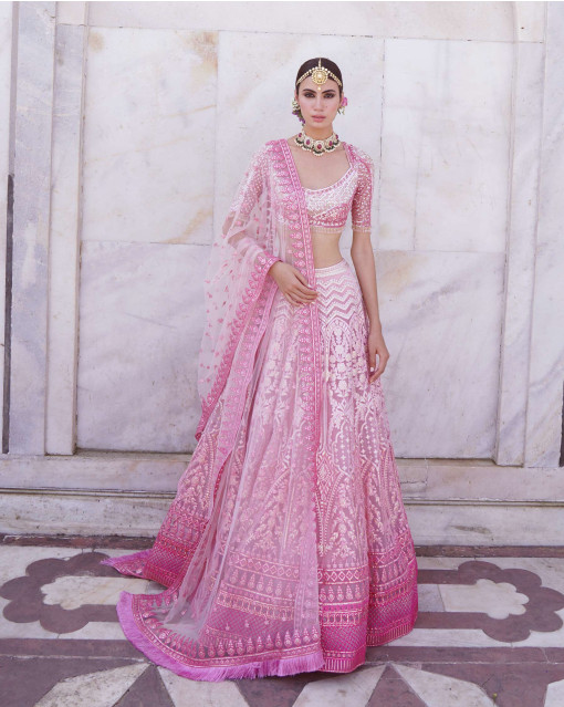 Buy Pink Raw Silk Embroidery Thread Leaf Primrose Bridal Lehenga Set For  Women by Dolly J Online at Aza Fashions.
