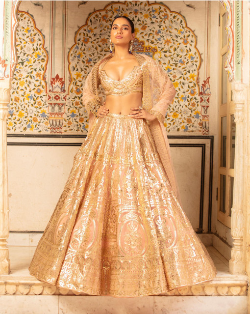 Heavy Designer Bridal Golden Lehenga for Indian Bridal Wear – Nameera by  Farooq