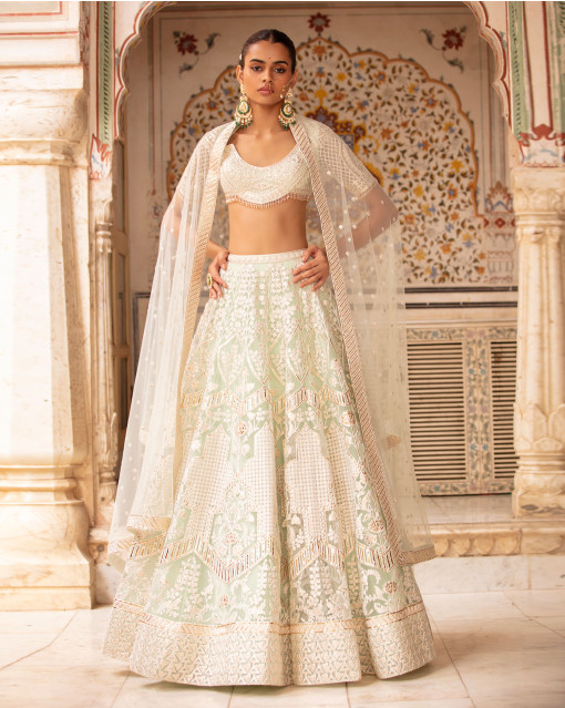 Buy Cream Color Pure Silk Embroidered and Zari work Umbrella Lehenga Wedding  Wear Online at Best Price | Cbazaar
