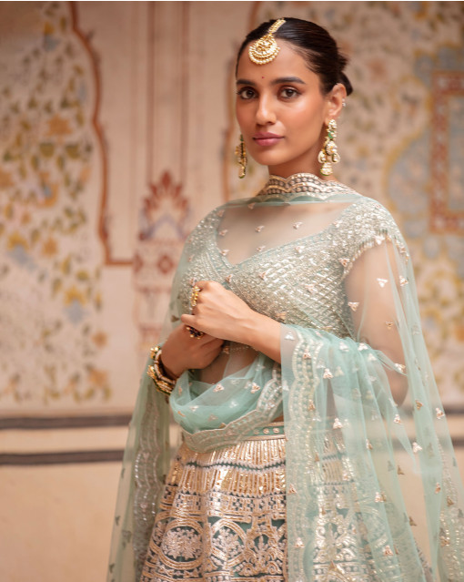 Hand Embroidered Georgette Accordian Lehenga in Sea Green : LYC1658