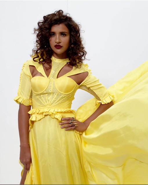 Aisha Sharma  Multi Colour Sequin Power Shoulder Dress