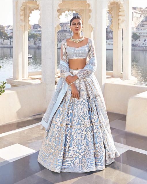 Grey & White Ombre Viscose Muslin Blouse with Blue Embroidered Lehenga with  Organza Dupatta | Lehenga Set Online USA – Ria Fashions