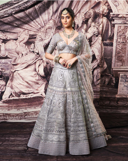Grey Color Bridal Designer Net Lehenga Choli Online