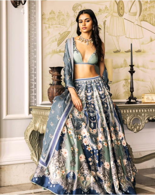 Buy Palace Green Lehenga Choli In Velvet With Multi Colored Hand  Embroidered Heritage Kalis With Hints Of Flowers Online - Kalki Fashion