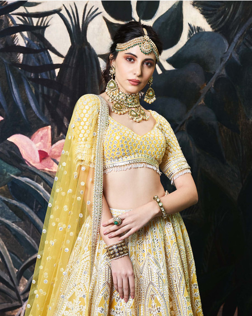 Yellow-Cream Art Silk Print-Swarovski Work Lehenga Choli with Net Dupatta |  Exotic India Art