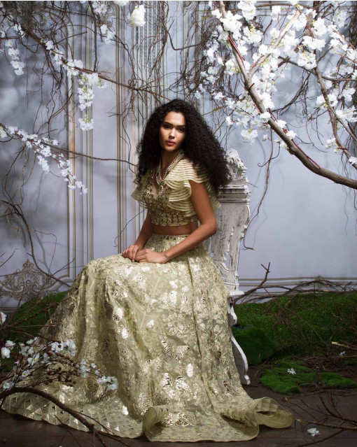 Lily Chartreuse Green And Light Gold Foil Lehenga
