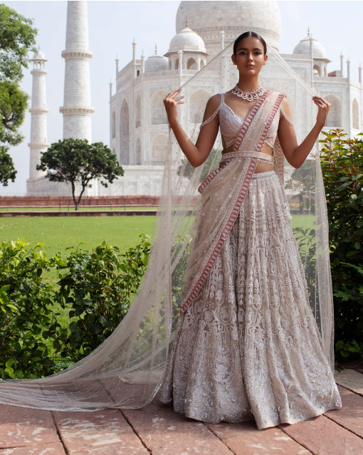 Buy Imported Wedding Wear Grey Net Pearls Work Lehenga Choli 139174 Online