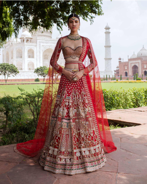 Buy Bollywood Model Red Net bridal lehenga choli in UK, USA and Canada