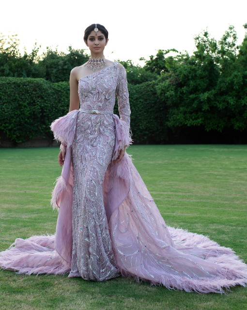 Iris evening gown mauve, one-shoulder trail gown handcrafted