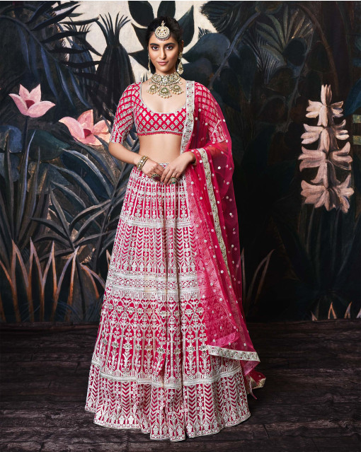 Buy Rani Pink Zariwork Art Silk Readymade Lehenga - Koskii